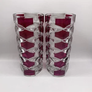 Pair Of Vintage Luminarc France Windsor Rubis Red Geometric Glass Vases - Picture 1 of 9