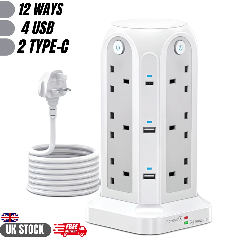 Extension 12 Way Tower Power Lead USB Multi Socket Surge Protected Socket UK - Image 1 of 4