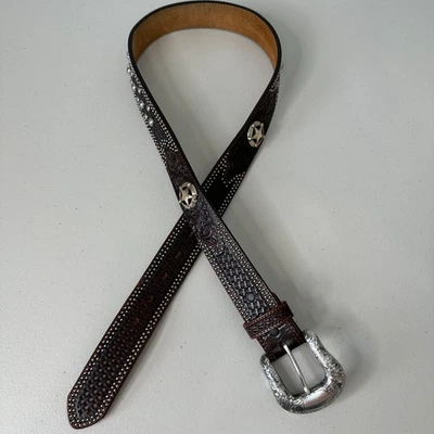 Tony Lama Western Leather Belt Size 36 Brown Studded Silver Buckle Star Tooled - Image 1 of 4