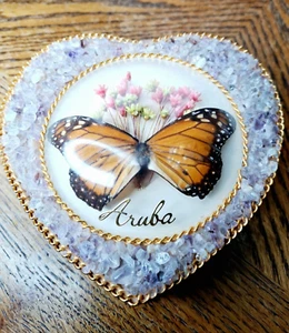 Vintage Aruba Farfalla Conservata e Fiori Secchi Cristallo Quarzo Rosa Trinket Lui - Foto 1 di 8