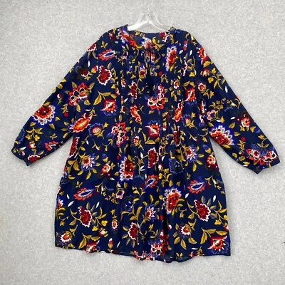 Old Navy Dress Womens XL Blue Floral Pintuck Keyhole Tie Neck Long Sleeve - Image 1 of 4