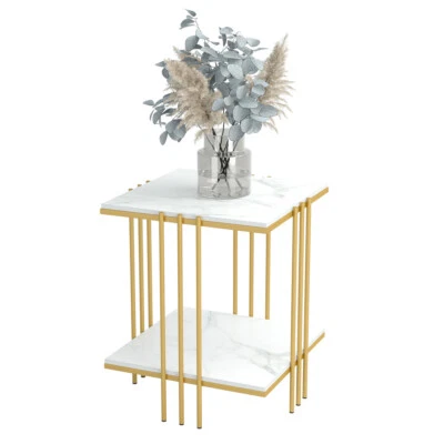 White Marble End Table Side Table for Living Room Modern Square Metal Nightstand - Image 1 of 4