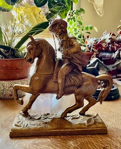 Antique Gold Color Pot Metal Musketeer Man on Horse Statue Spelter Clock Topper - Picture 1 of 9