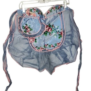 Vtg Rose Floral Half Apron Butterfly Pocket Handkerchief Blue Pink Cottagecore - Picture 1 of 7