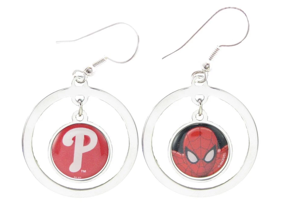 Philadelphia Phillies Spiderman Two Sided Silver Hook Hoop Earrings Jewelry MLB - Image 1 of 1