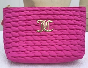 New Juicy Couture Large Pink Quilted Makeup Cosmetic Travel Zipper Bag Gold Logo - Picture 1 of 11