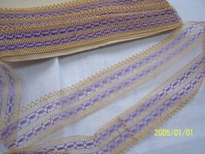 Dentelle ancienne. Superbe dentelle écru et violet. + de 4 mètres.  Réf N°306 - Photo 1/4