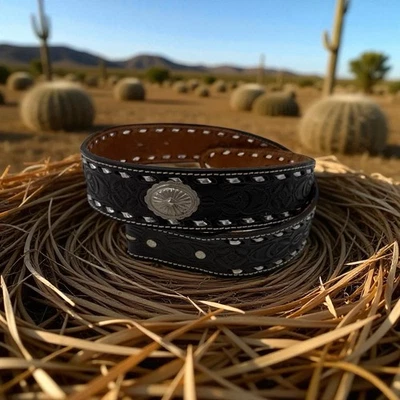 Cinturón Western Concho Tejido Marrón Repujado Tono Plata Suroeste Foto 1 de 4