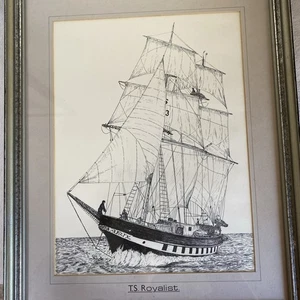Vintage originale opera d'arte penna e disegno inchiostro di Edwin Morley di una nave - Foto 1 di 8