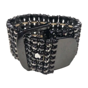 Vintage Cache Black Rhinestone Gun Metal Stretchy Cuff Buckle Bracelet 80s 90s - Picture 1 of 14
