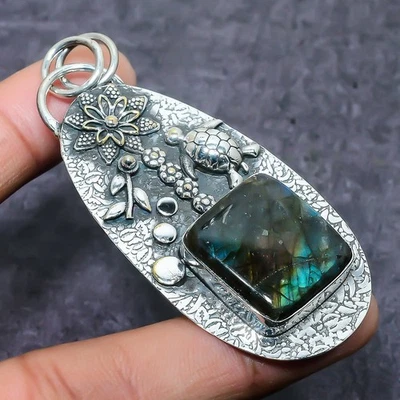 Colgante de joyería de plata de ley 925 hecho a mano con piedras preciosas de labradorita 2,56" O104 Foto 1 de 3