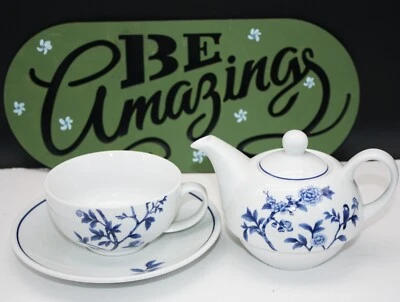 3-in-1 Single white Porcelain  Tea Set with Blue outlined flower pattern - Image 1 of 4