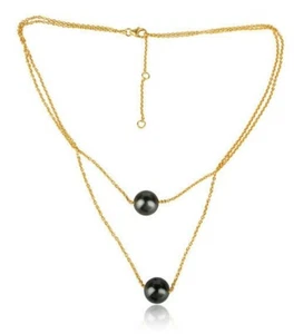 Gray Pearl Gemstone 925 Silver Gold Plated Double Layer Chain Necklace - Picture 1 of 2