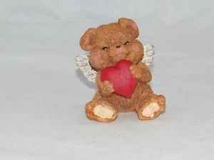 New . Ceramic Blushing Brown Angel / Valentine Bear w/ Wings & Hugging Red Heart - Picture 1 of 7
