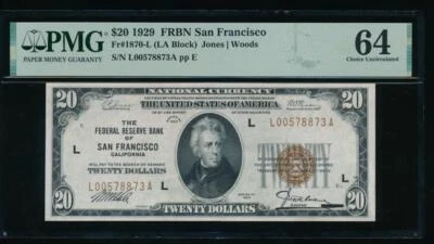 AC 1929 $20 FRBN San Francisco PMG 64 Fr 1870-L - Image 1 of 2