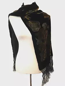 Vtg Silk Velvet Fringed Scarf Burnout Shawl Wrap Black Gold Roses Sheer Goth Y2K - Picture 1 of 10