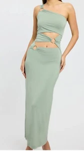 Kookai SZ Sam Maxi One Shoulder Dress Sage Green Cut Out Ring New Condition - Picture 1 of 8