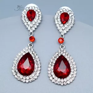 Drop Dangle Earrings Women Simulated Ruby Red Rhinestone Silver Plated Wedding 5 - Picture 1 of 5