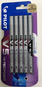 #Pilot V5 Hi-Tec Liquid Ink Rollerball Black Ink 0.5mm Extra Fine Nib Pack of 5 - Picture 1 of 3
