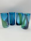 Hand Blown Art Glass Tumblers Drinking Glasses Set Of 4 Blue Green Swirl 18 Oz