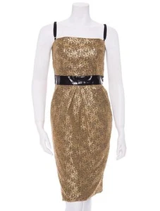New DOLCE & GABBANA Gold Metallic Floral Dress with Black Trim Italian 42 - 6/8 - Picture 1 of 4