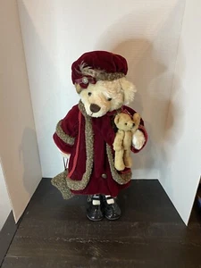Darling Dressed 20”Standing Mama Bear & Baby ~ Burgundy Velvet Coat - Picture 1 of 10