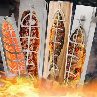 Flammlachsbrett Lachsgrillbrett Räucherbrett mit Halterung neigbar Edelstahl - Bild 1 von 4