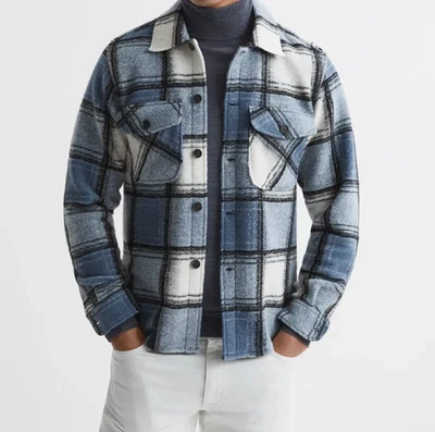 REISS Jacket Mens Large Blue Check Wool Blend Overshirt Plaid Shaket BELAIR - Image 1 of 4