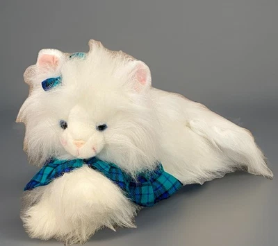 VTG RARE MTY Plush Long‐Hair White Persian Cat 28″ Blue Eyes Plaid Bow & Coat - Image 1 of 4