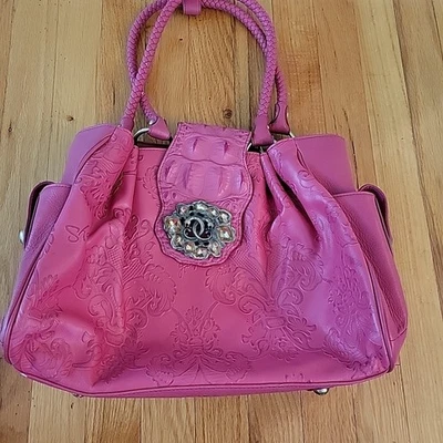 Original By Sharif 1827 Pink Purse Embossed Floral And Croc Print Double Handle - Image 1 of 4