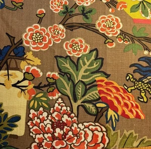SCHUMACHER Chiang Mai Dragon Mocha Printed Linen UK Chinoiserie  Remnant New - Picture 1 of 1