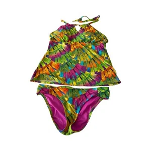 Trina Turk 2 PC Tankini Bikini Set Green Pink Floral Top Size 10 Bottom 8 - Picture 1 of 8