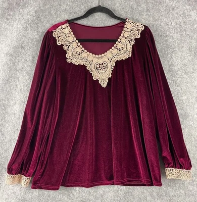 Top de terciopelo de ganchillo para mujer 2X encaje borgoña victoriano caprichoso vacaciones Foto 1 de 4