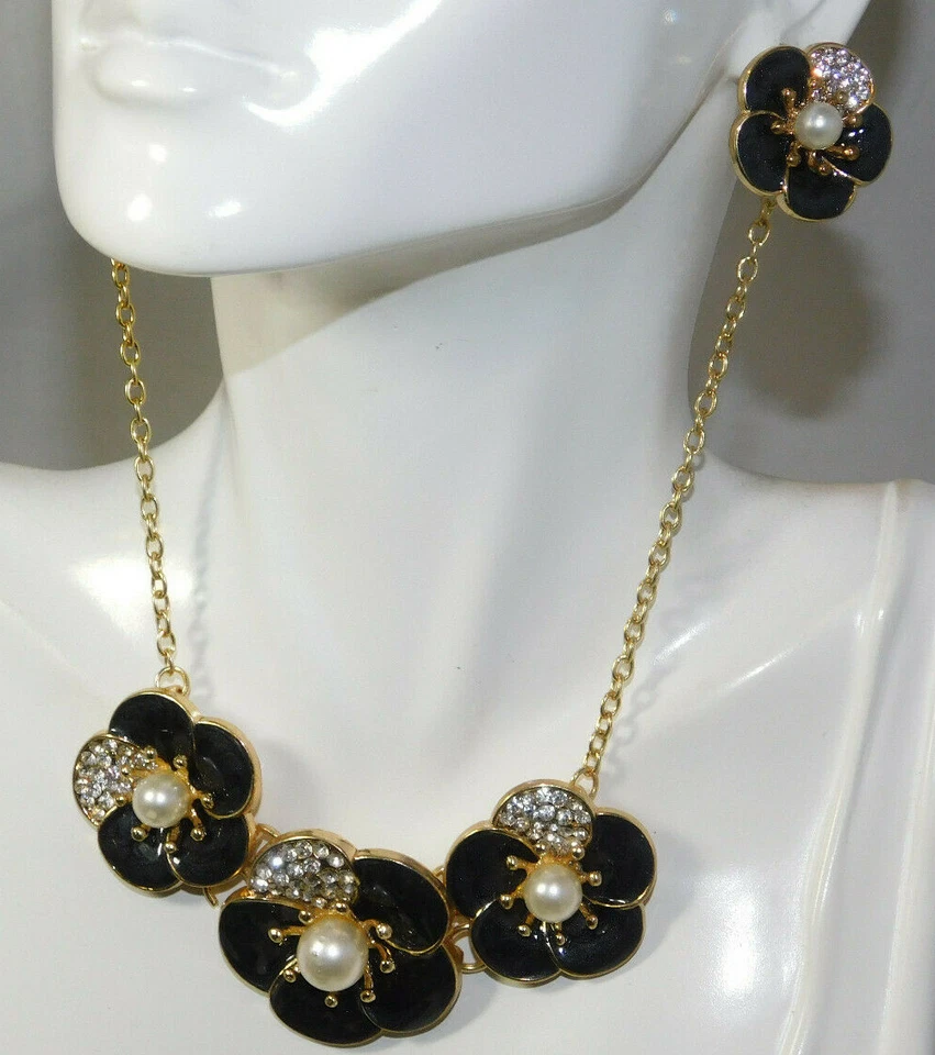 Black Enamel Rhinestone FLOWER Gold Chain Necklace Pierced Earrings Set 3c 10 - Image 1 of 4