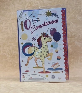 BIGLIETTO AUGURI BUON COMPLEANNO CON NUMERO 10 ANNI UNICORNO cod.27275 - Imagen 1 de 2