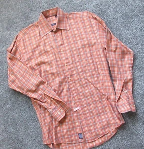 BURBERRY LONDON MEN SMALL PLAID COTTON LONG SLEEVE COLLARED SHIRT SOFT ORANGE - Picture 1 of 3
