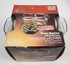 Anchor Ovenware 2- 1 1/2 Cup Individual Casserole Dish with Lids NOS - Picture 1 of 10