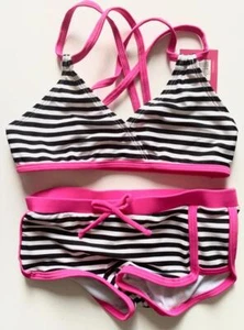 NWT Xhilaration Girls 2 Pc Pink Black White Bathing Swimsuit Suit S 4/6X UPF 50+ - Picture 1 of 8
