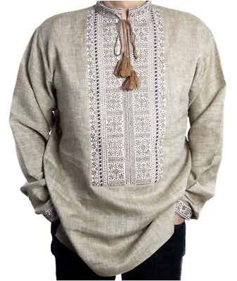 Ukrainian VYSHYVANKA mens beige linen brown hand Embroidered SHIRT Wedding - Image 1 of 4