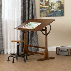 Vintage Drafting Table Rustic Oak Adjustable Drawing Base Architect Wood New - Picture 1 of 11