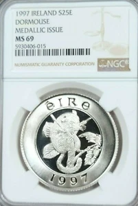 1997 IRELAND SILVER 25 EURO DORMOUSE MEDALLIC ISSUE NGC MS 69 RARE TOP POP - Picture 1 of 5