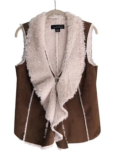 Penny Lane Brown Vest Size S Ruffle Lapel Ultra Soft Faux Shearling Suede Hippie - Picture 1 of 9