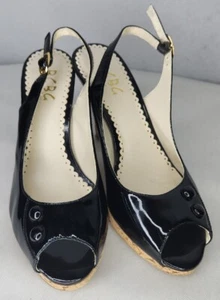 BCBG Women's Black Patent Leather Halona Slingback Peep Toe Cork Heels 6.5B - Picture 1 of 14