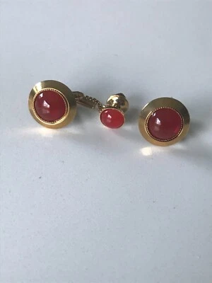 Shields Gold Tone Cufflinks and Tie Bar Orange Cabachon Stones Signed - Image 1 of 4