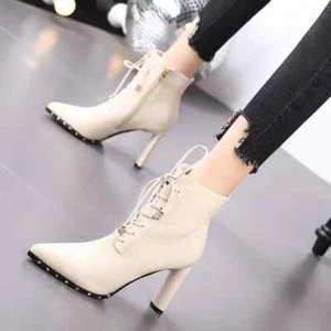 Stivali Scarpe Stivaletti Tronchetto Pelle Sintetica Beige Lacci 9 cm 48298 - Foto 1 di 4