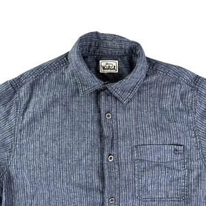 Vintage Woolrich Shirt Mens L Blue Stripes Hemp Organic Cotton Blend - Picture 1 of 7