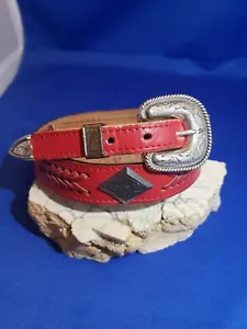 Women's Vintage 90s Western Red All Leather Silver Buckle Cowboy Belt Sz 30 USA - Picture 1 of 1