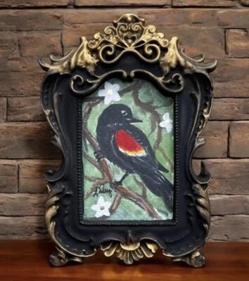 Mini acuarela original de mirlo alado rojo estilo de colección marco ornamentado Foto 1 de 3