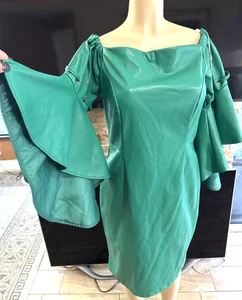 Ashley Stewart Faux Leather Wide Bell Sleeves Green Dress Sz 10/12 New w/defects - Picture 1 of 19