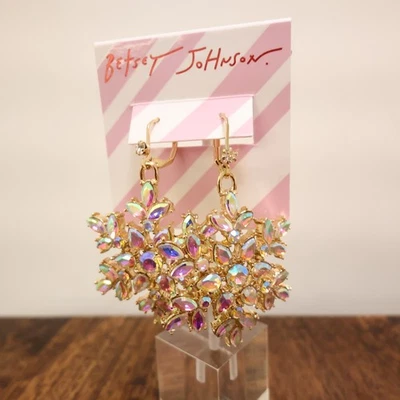 Betsey Johnson earrings snowflakes AB crystals signed goldtone aurora borealis - Image 1 of 4